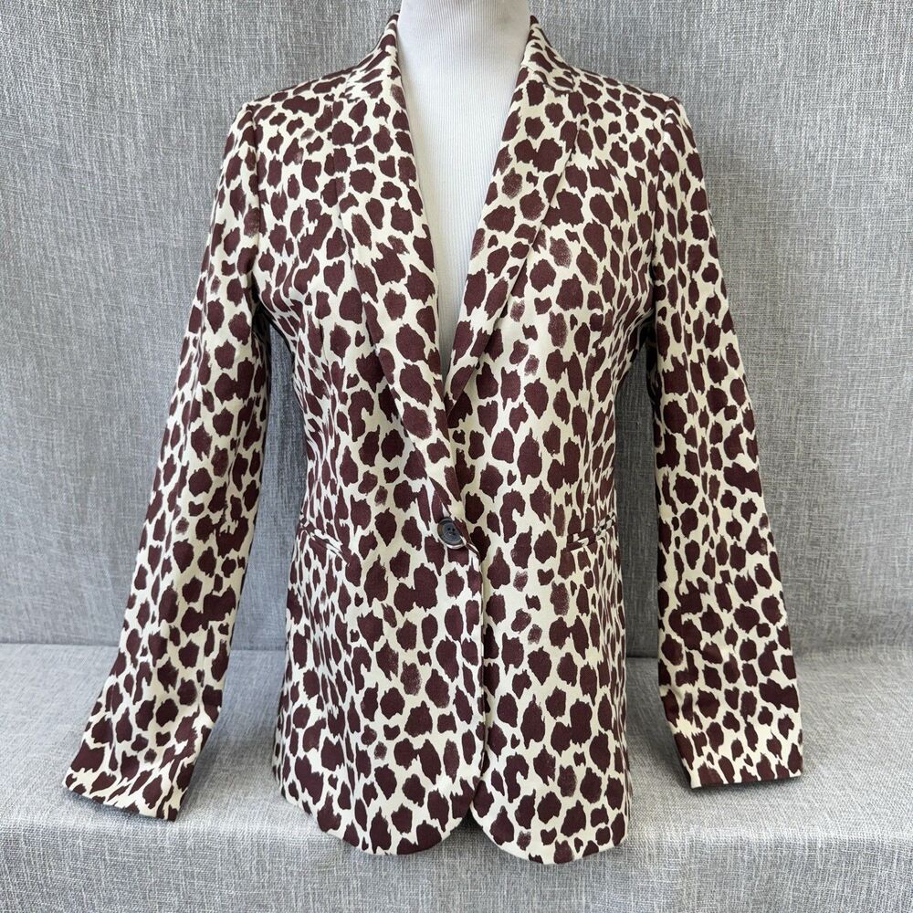 J.Crew Parke Blazer Size 8 Bi-Stretch Cotton Animal Spot Print Brown Ivory Lined